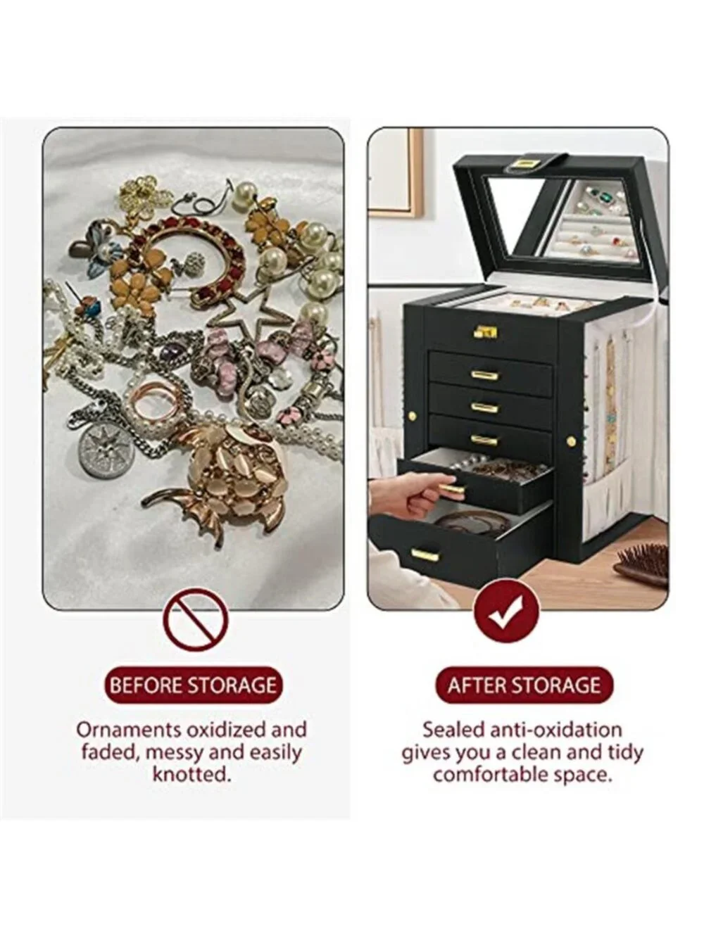 6 Tier Jewelry Box Organizer Leather Storage Case Drawers Mirror Rings Earrings